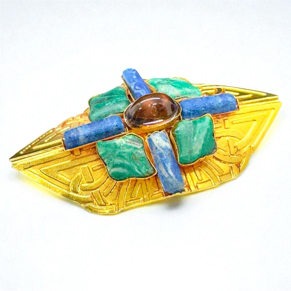 Vintage Art Deco Geometric Poured Glass Cabochon & Stone Brooch